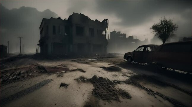 3D illustration of a brutal war scene, destroyed city after war on the battlefield.
