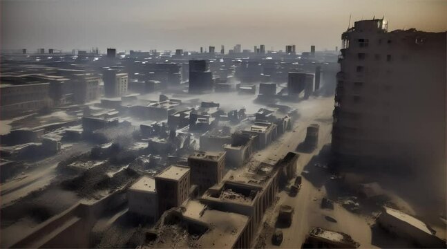 3D illustration of a brutal war scene, destroyed city after war on the battlefield.