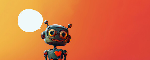 Cute Robot with Heart on Chest Against Orange Background. Generative-AI