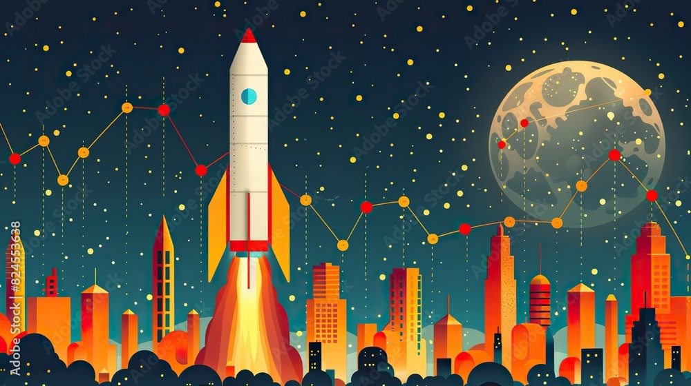 Poster an image of a rocket ship taking off next to an upward-trending line graph, representing ambitious g
