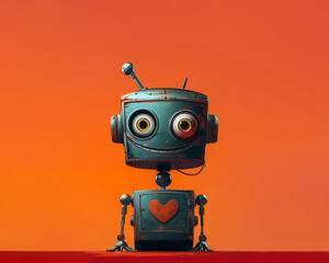 Cute Robot with Heart on Chest Against Orange Background. Generative-AI