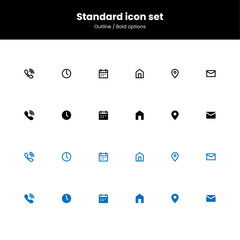 Simple standard set icon. Outline and bold options. Time, phone, date, home, place, mail icon