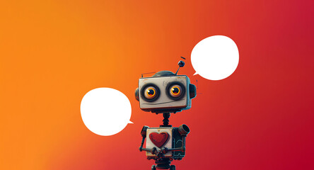 Cute Robot with Heart on Chest Against Orange Background. Generative-AI