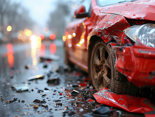 Crashed Red Car on Damaged Road &ndash; Generative AI