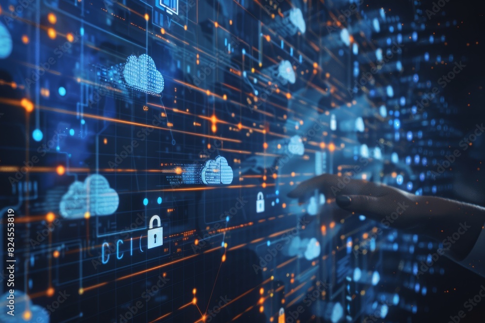 Poster secure cloud network with digital lock, holographic tech background, concept of advanced cybersecuri