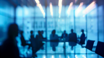 Abstract blurred shot of a diverse group of business people in a meeting room, emphasizing collaboration and teamwork.