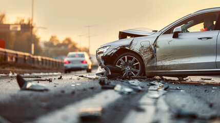 Car Accident Aftermath with Red Vehicle on Split Background – Generative AI