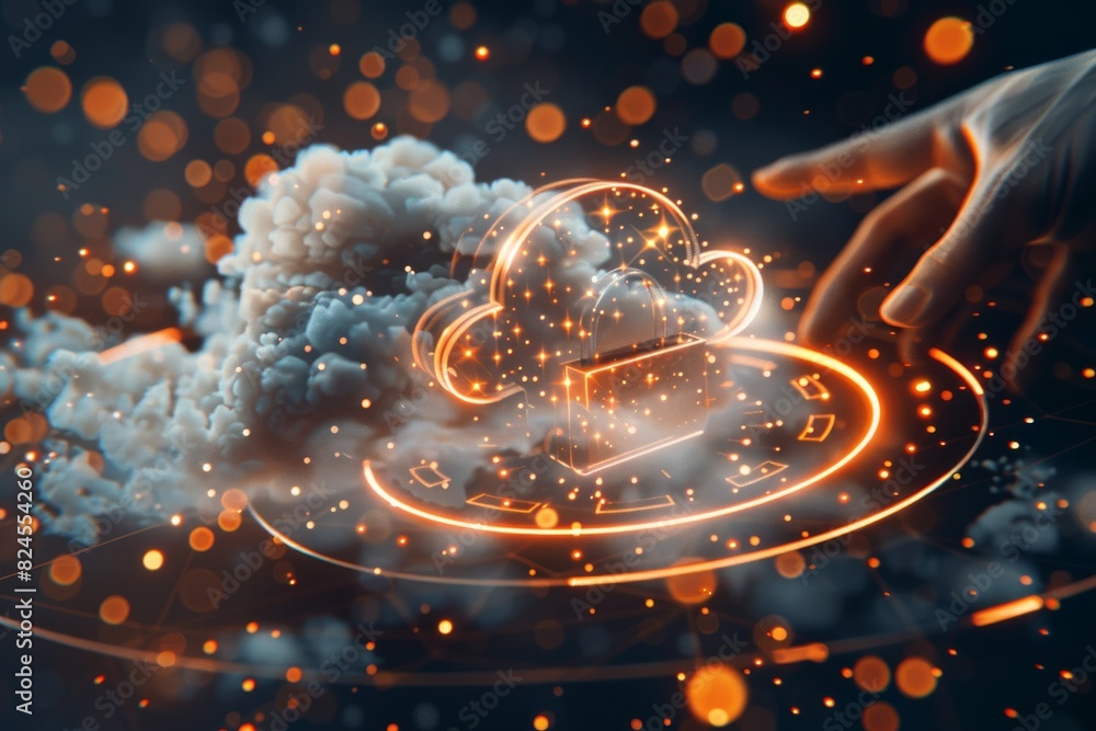 Poster advanced secure cloud network with holographic interface, hand interaction, glowing tech background,