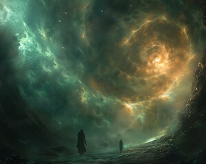 Two figures beneath a swirling, cosmic storm in a stunning, otherworldly landscape, capturing the vastness of the universe.