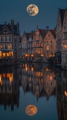 Fototapeta premium Old buildings and the big moon in European cities