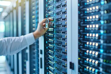 Secure data server with hand interaction, glowing tech background, concept of advanced data protection and cybersecurity