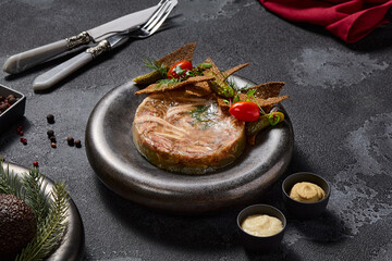 Savory aspic with rye crisps, pickles, mustard, and horseradish, a rich symphony of textures and...