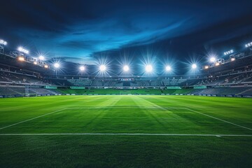 Stadium with wide angle view, clear sky, green field and lights on