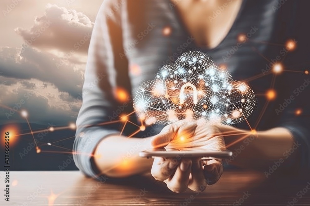Poster advanced secure cloud network with holographic interface, hand interaction, modern tech background, 