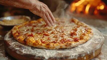 A person is adding various toppings like cheese, pepperoni, and vegetables to a pizza crust on a wooden cutting board