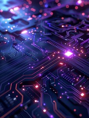 Fototapeta premium Close-up of a glowing circuit board with intricate patterns, showcasing modern technology and electronic design in vivid colors.