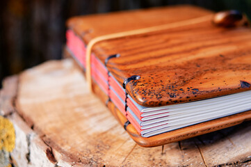 Handmade notebook with wooden cover.