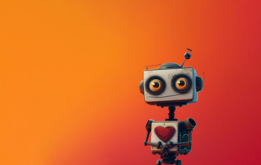 Cute Robot with Heart on Chest Against Orange Background. Generative-AI