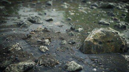 Obraz premium A dirty surface covered with stones and water, where light reflections create the illusion of a moving texture, creating a raw but fascinating landscape.