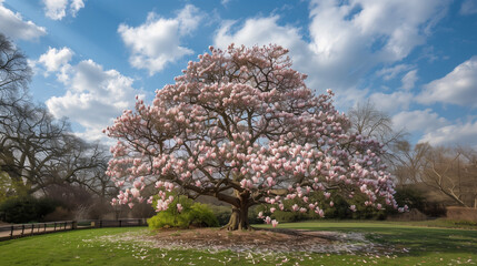 Fototapeta premium There is a beautiful magnolia tree in full bloom in the park, displaying delicate pink flowers that contrast beautifully with the blue of the open sky, creating a picturesque landscape.