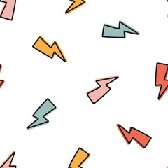 Seamless pattern with colorful lightning bolt with black outline