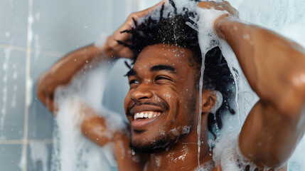 A man happily washing his hair in the shower, where bubbles of foam float in the air and the water flows gently over his skin, giving him refreshing comfort.