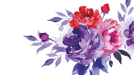 Watercolor purple red roses and peonies bouquet flower