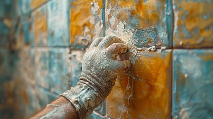 A person wearing a glove is touching a wall