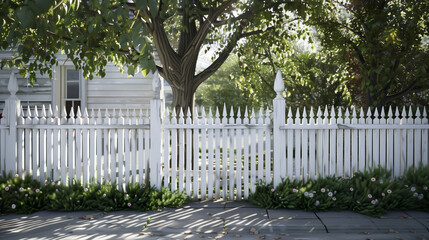 A white fence with white vertical pickets, creating a classic and charming atmosphere of a rural landscape.