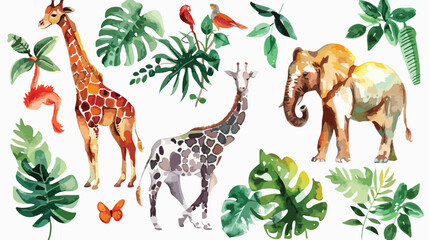 Watercolor safari animals in summer sticker Vector illustration