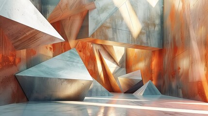 Striking abstract geometric room product, bold shapes and colors, (close up, focus on), modern art theme, vibrant, Multilayer, minimalistic room backdrop