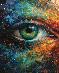 Vibrant, detailed abstract painting of a human eye, surrounded by colorful textures and splashes, capturing artistic expression.