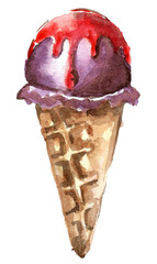 Purple berry fruit ice cream in a waffle cone with dripping red syrup. Hand drawn watercolor painting on white background for your design