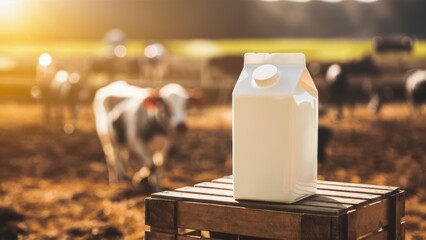 White milk carton on wooden case with dairy farm in the background.Suitable for agricultural marketing, dairy advertising and farm to table promotions.