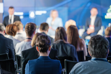 Fototapeta premium Rear view of a business audience listening to a speaker at a conference. Professional environment with engaged attendees focused on the presentation.