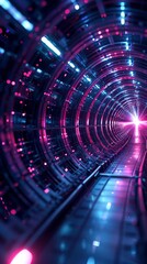 Futuristic neon tunnel with vibrant lights and a glowing pink focal point, creating a sci-fi atmosphere with blue and purple hues.