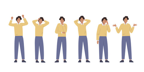 Young Man feel different negative and positive emotions. Various male gestures and poses Set. Successful, happy, crisis, unsure, fail, professional stress