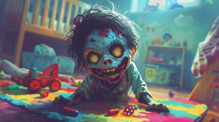 Creepy zombie child crawling in a colorful playroom surrounded by toys creating a spooky Halloween atmosphere.