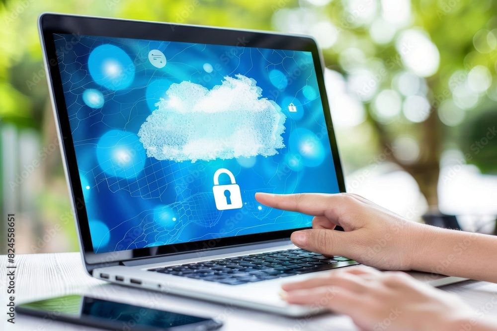 Poster secure cloud network with digital lock, glowing tech background, concept of advanced cybersecurity a