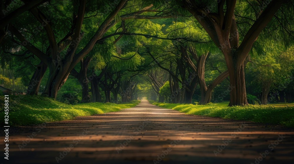 Poster enchanting tree-lined path with lush green foliage and sunlight filtering through the branches creat