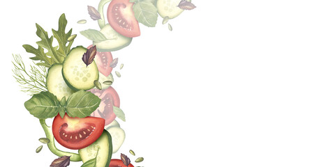 Cucumber, tomato slices, arugula, basil leaves, dill branches. Watercolor illustration. Horizontal banner of fresh vegetables with pumpkin seeds. Healthy food. For menus, shops, packaging, labels