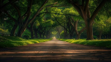 Enchanting tree-lined path with lush green foliage and sunlight filtering through the branches creating a tranquil nature scene.