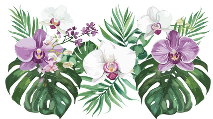 Watercolor tropical flowers white and violet orchids