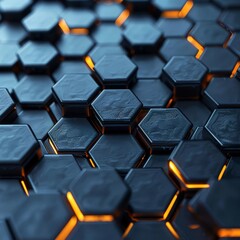 Abstract 3D rendering of hexagonal tiles with glowing orange elements, showcasing futuristic design and technology.