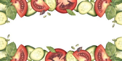 Cucumber, tomato, with basil and pumpkin seeds. Watercolor illustration. Horizontal banner of vegetables and aromatic herbs. Fresh organic food. Menu, shop, packaging, label, textile