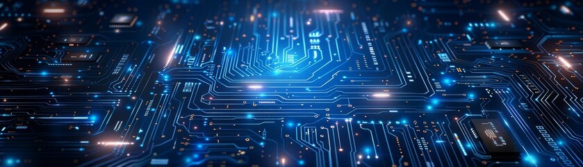 A high-tech circuit board with glowing blue lights representing futuristic technology and innovation, highlighting intricate electronic pathways.