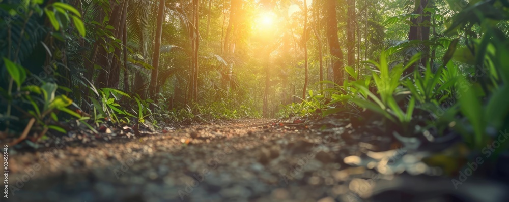 Poster sunlit forest path with lush green plants and trees, captured from a low angle, creating a serene an