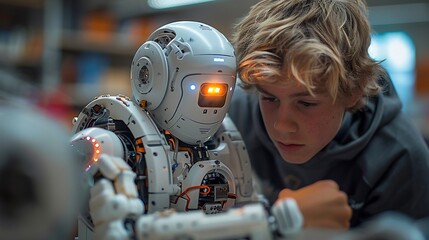 Robotics engineer assembling a robot in a workshop - Powered by Adobe