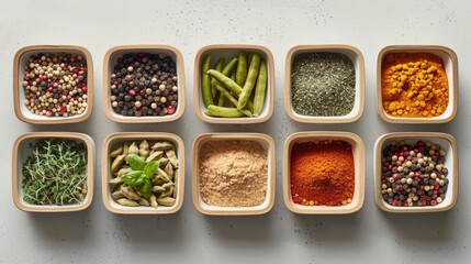 Culinary Harmony: Grid of Neatly Arranged Spices on Neutral Background