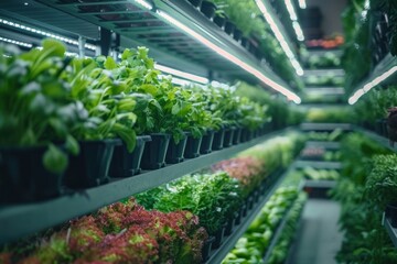 Hydroponic racks and nutrient monitors in an urban vertical farm with a climate-controlled setting